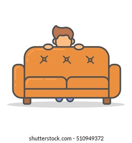 Man scary on couch in room flat style. Vector character on sofa line illustration.