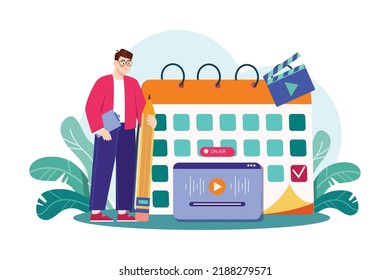 Man scheduling a podcast release date Illustration concept. Flat illustration isolated on white background