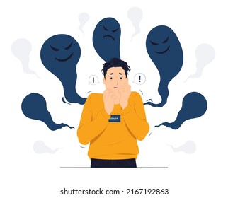 Man and Schizophrenia  post  traumatic stress mental disorder  shocked  scared  panic  anxiety  frustrated  fear   terrified concept illustration