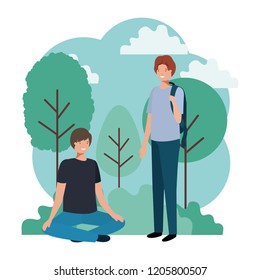 man with school bag and sitting in the park