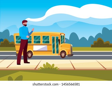 man and school bus in the street