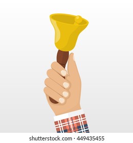 Man in school uniform holding in his hand the school bell. Vector illustration flat design style. Isolated bell in hand on white background. Call for knowledge, training, learn.