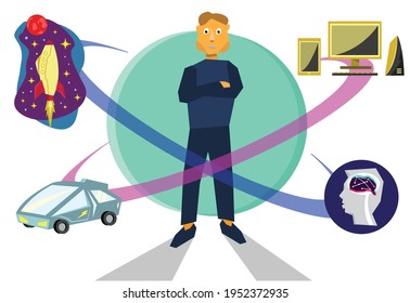 Man of Science and Technology. Innovator concept. Editable Clip Art.