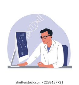 Man Scientist alooking at monitor in the lab. Scientific research. Vector cartoon flat style illustration