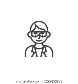 Man scientist avatar character line icon. linear style sign for mobile concept and web design. Student lab outline vector icon. Nerd symbol, logo illustration. Pixel perfect vector graphics