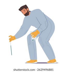 Homem cientista personagem de desenho animado coletando amostras de líquido usando pipeta química e equipamentos de laboratório de frasco conduzindo pesquisa científica ilustração vetorial isolado no branco