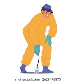Homem cientista personagem de desenho animado vestido em geral protetor colhendo amostra de água com frasco de vidro químico para a pesquisa científica em ecologia isolado no branco. Ilustração vetorial de pessoas profissionais
