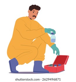 Homem cientista personagem de desenho animado vestindo terno de proteção colocando amostras de água selecionadas em caixa de recipiente especial para controle de qualidade medição ilustração vetor isolado no fundo branco