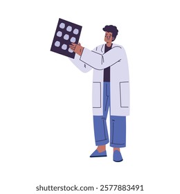 Man Scientist Character in Coat Standing with Brain Screen Vector Illustration