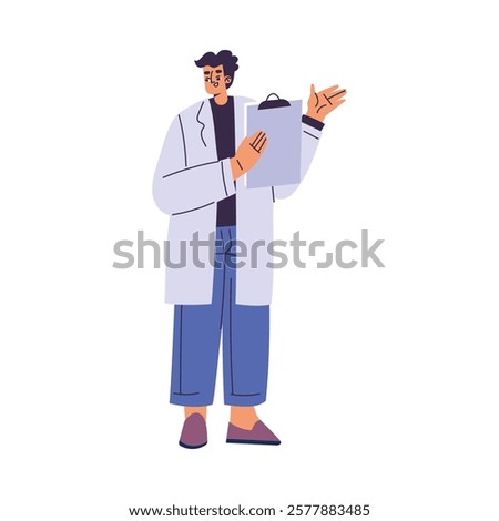 Man Scientist Character in Coat Standing with Clipboard Vector Illustration