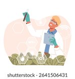 Man scientist character studying plants spices testing natural food quality with chemical reagents cartoon scene. Scientific agronomy research in biotechnology laboratory vector illustration
