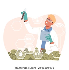 Man scientist character studying plants spices testing natural food quality with chemical reagents cartoon scene. Scientific agronomy research in biotechnology laboratory vector illustration