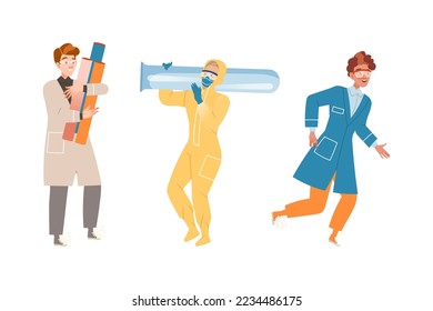 Man Scientist Character with Tube Conducting Scientific Research Vector Illustration Set