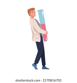 Man Scientist Character in White Coat Carrying Huge Glass Flask Vector Illustration