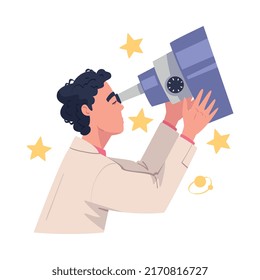 Personaje científico masculino en estrellas de barro blanco en ilustración de vector telescopio