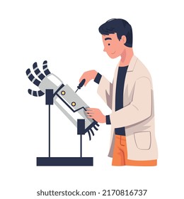 Personaje científico hombre en abrigo blanco trabajando con ilustración de vectores de mano robótica