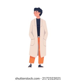 Man Scientist Character in White Coat Standing with Hands in Pocket Vector Illustration
