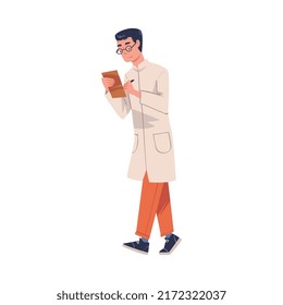 Man Scientist Character in White Coat Walking with Clipboard Vector Illustration
