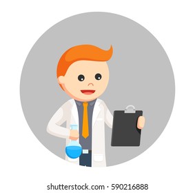 man scientist checking his work in circle background