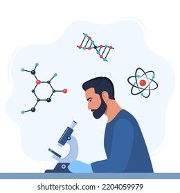 Hombre científico, investigador químico con microscopio. átomo, una molécula de sustancia orgánica, un fragmento de una cadena de ADN. Concepto experimental. Ilustración del vector