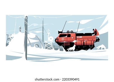 Man scientist climb on truck, mobile shelter vector illustration. Research station, antarctic polar flat style. Research, expedition concept