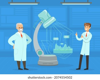 Man Scientist Conducting Experiment with Artificial Intelligence Assistance Vector Illustration