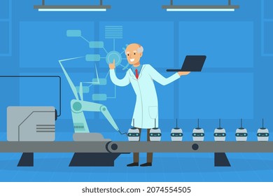 Man Scientist Conducting Experiment with Artificial Intelligence Assistance Vector Illustration