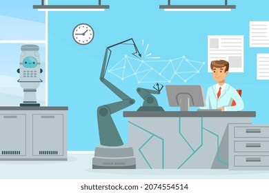 Man Scientist Conducting Experiment with Artificial Intelligence Assistance Vector Illustration