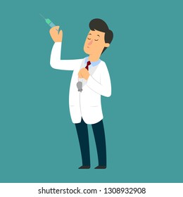 man scientist is conducting an experiment. a scientist with a syringe and a mouse in his hands. Vector illustration isolated on white background.