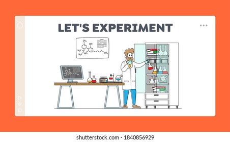 Man Scientist Conducting Experiments in Science Laboratory Landing Page Template. Male Character Researcher in Chemical Lab Scientific pr Pharmaceutical Research. Linear People Vector Illustration