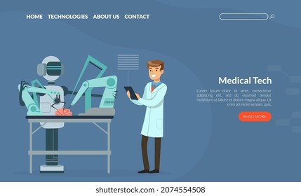 Man Scientist Conducting Human Brain Experiment with Artificial Intelligence Assistance Vector Illustration