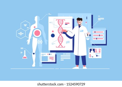 Man scientist with dna model vector illustration. Researcher conducting research with human deoxyribonucleic acid molecule in laboratory flat style design. Science concept