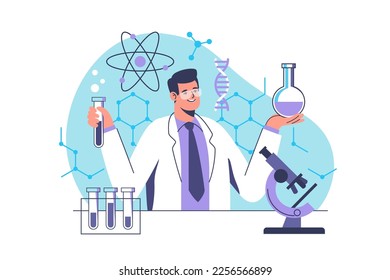 Man scientist during lab scientific researches. National science day. Vector illustration.