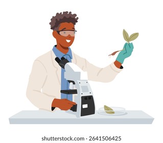 Man scientist examining seedlings of garden plants using microscope working in agricultural laboratory vector illustration. Innovative technology for harvest control and natural food production