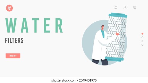 Man Scientist with Huge Water Filter Landing Page Template. Tiny Character with Treatment and Filtration System Equipment. Aqua Filter for Cleaning and Purification Water. Cartoon Vector Illustration