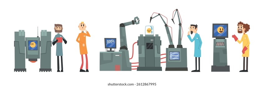 Man Scientist Inventing Robot and Artificial Intelligence Vector Set