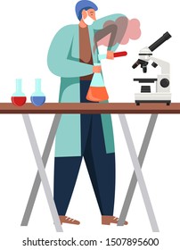 Man scientist or lab attendant working in science laboratory using microscope, lab glassware, vector flat isolated illustration. Scientific research, experiment concept for web banner, website page.