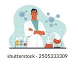 Man scientist in lab. Young guy in coat near test tubes with chemical reagents. Experiment in laboratory. Scientist develops cure. Flat vector illustration isolated on white background