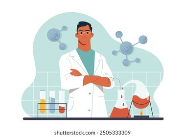 Man scientist in lab. Young guy in coat near test tubes with chemical reagents. Experiment in laboratory. Scientist develops cure. Flat vector illustration isolated on white background