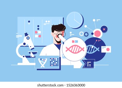 Man scientist in laboratory vector illustration. Researcher conducting research of dna molecule with microscope in lab flat style design. Science concept - Shutterstock ID 1526363000