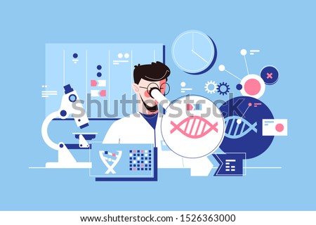 Man scientist in laboratory vector illustration. Researcher conducting research of dna molecule with microscope in lab flat style design. Science concept