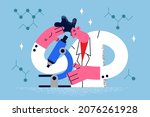 Man scientist look in microscope make experiment in laboratory. Male lab worker do research with equipment, involved in vaccine discovery process. Medicine. Flat vector illustration. 