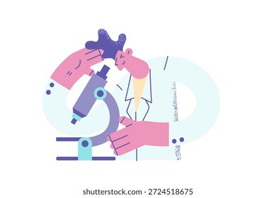 Homem cientista olhar em microscópio fazer experimento em laboratório. Trabalhador do laboratório do sexo masculino faz pesquisas com equipamentos, envolvidos no processo de descoberta de vacinas. Remédio. Ilustração de vetor plano.