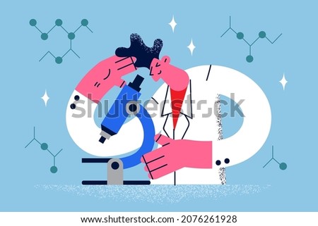 Man scientist look in microscope make experiment in laboratory. Male lab worker do research with equipment, involved in vaccine discovery process. Medicine. Flat vector illustration. 