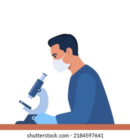 El hombre científico está mirando a través de un microscopio. Especialista en investigación y exploración de laboratorios de química sentada a la mesa con máscara protectora. Ilustración del vector