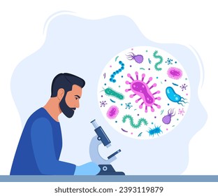 Man Scientist, microbiology researcher with microscope. Microbiologist study various bacteria, pathogenic microorganisms. Bacteria and germs in a circle. Vector illustration