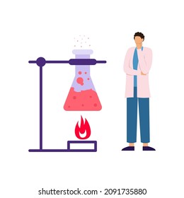 Man scientist observing a chemical reaction. Test tube is heated over fire. Science lab people concept. Chemistry, biology, medical laboratory research character. Isolated vector stock illustration