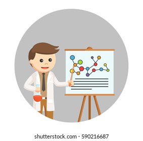 man scientist presentation his research in circle background