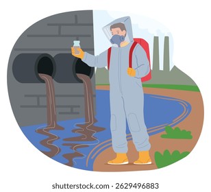 Cientista homem em geral protetor e máscara de capacete coletando amostras de água para fazer pesquisa de poluição, análise química de exame e indicar atividade humana impacto cartoon ilustração vetorial