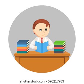 man scientist reading books in circle background